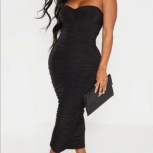 PRETTYLITTLETHING  STRAPLESS BLACK SLINKY DRESS